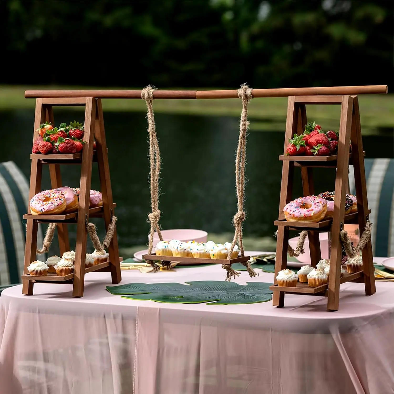 

3 Tier Cupcake Stand - Wooden Display Stand for Desserts, Fruits, Nuts, Cheese - Removable Trays and Foldable Stand - Perfect