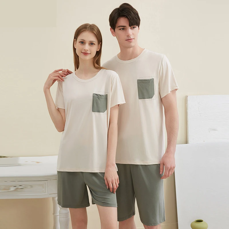 

Couple Pajamas Round Neck Short Sleeved Shorts Home Clothes Summer Cool Feeling Sleepwear Solid Color Men's Women's Loungewear