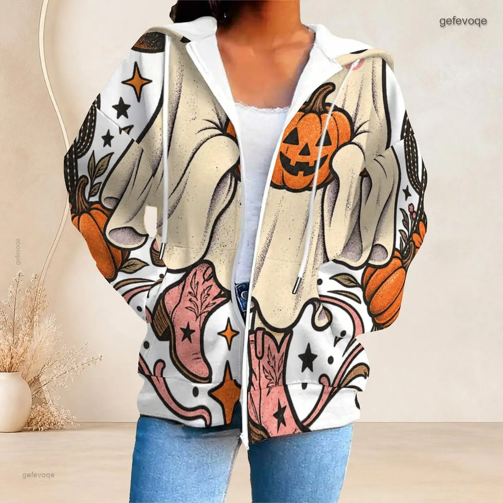 Front Zip Long Sleeve Drawstring Hood Pockets Printed Hoodie for Women
