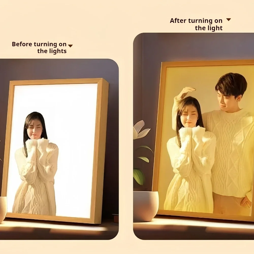 【Customized】Creative Gifts Cat Light Painting Decoration A4 Luminous Night Light Wooden Photo Frame Acrylic 3 Color Lights Lamp