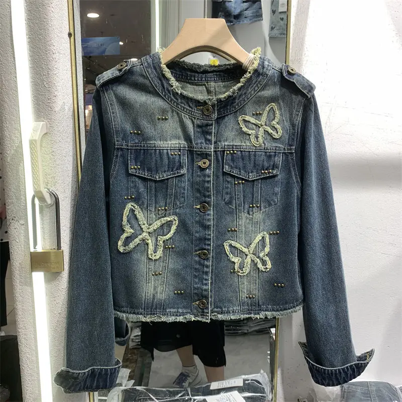 Small Fragrance Jackets Single Breasted Butterfly Raw Edge Rivet Short Denim Coat Autumn Y2k Harajuku Vintage Women Clothing