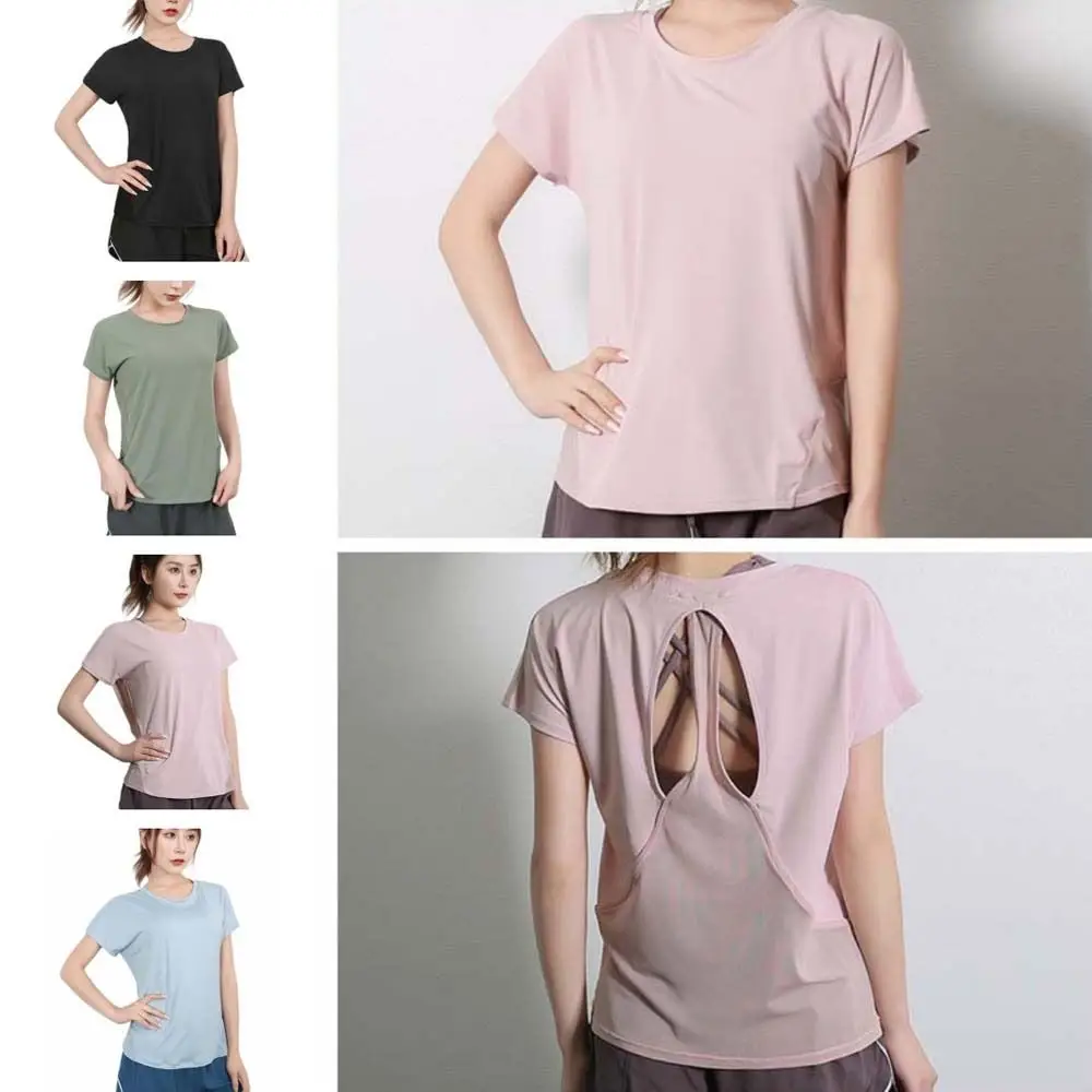 

Удобные быстросохнущие спортивные футболки для йоги с коротким рукавом, однотонные, для бега, с открытой спиной, тонкие спортивные топы для женщин