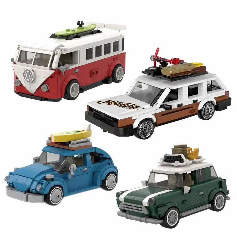 Moc retro 1970s estação de painéis de madeira vagão kit de construção clássico vintage sedan modelo com vitrine para presentes de verão coletor