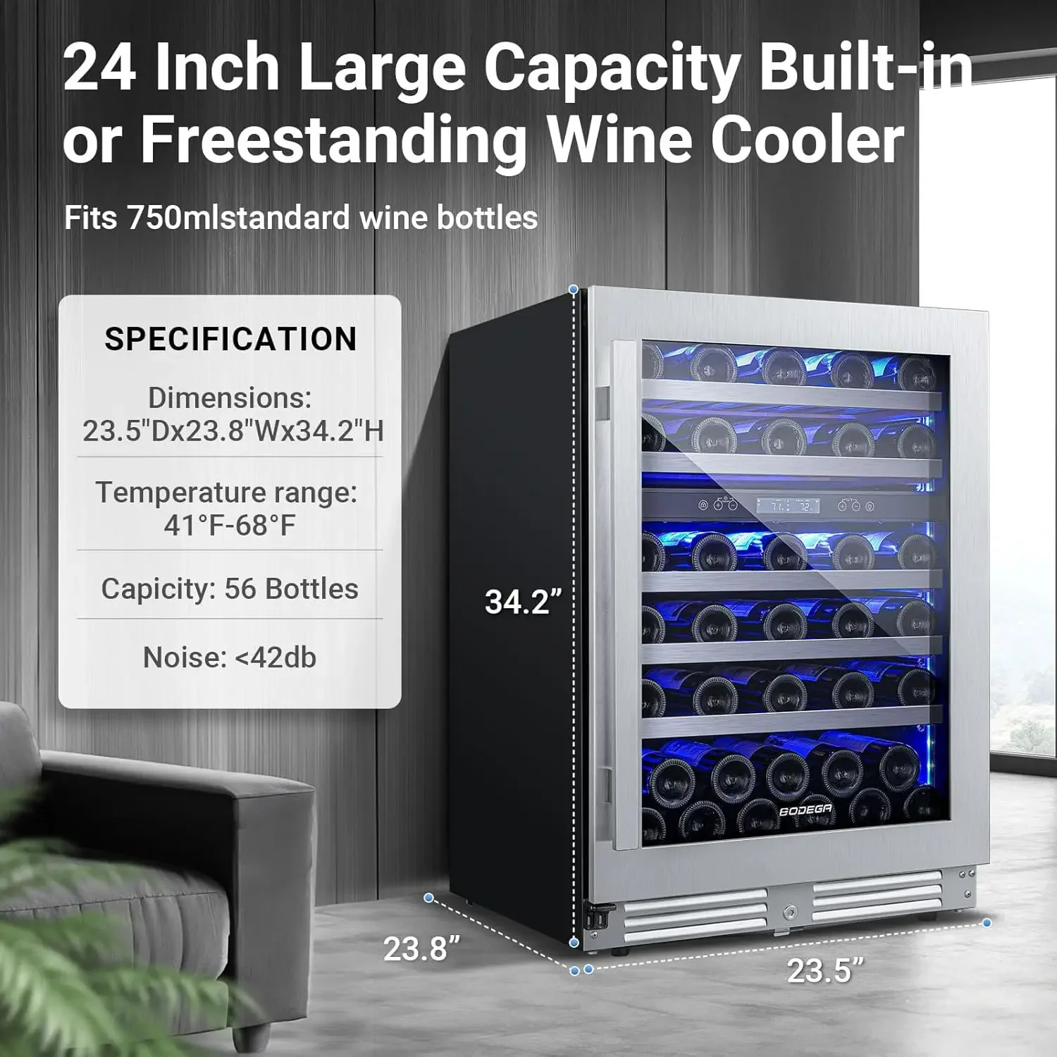 

24 Inch Wine Cooler,56 Bottle Wine Refrigerator Dual Zone, Built-In and Freestanding Wine Fridge