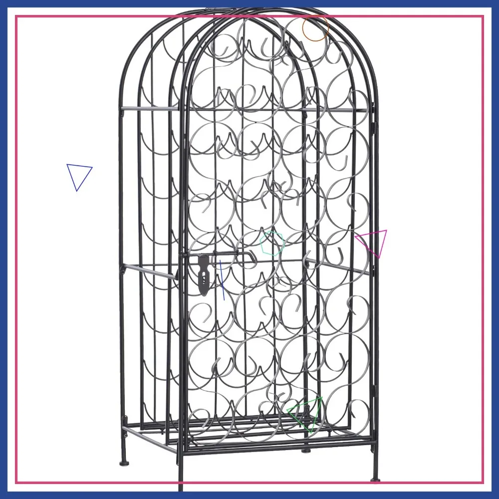 

35-Bottle Wrought Iron Wine Rack Cabinet with Lock, Black - Elegant Storage for Home Bar