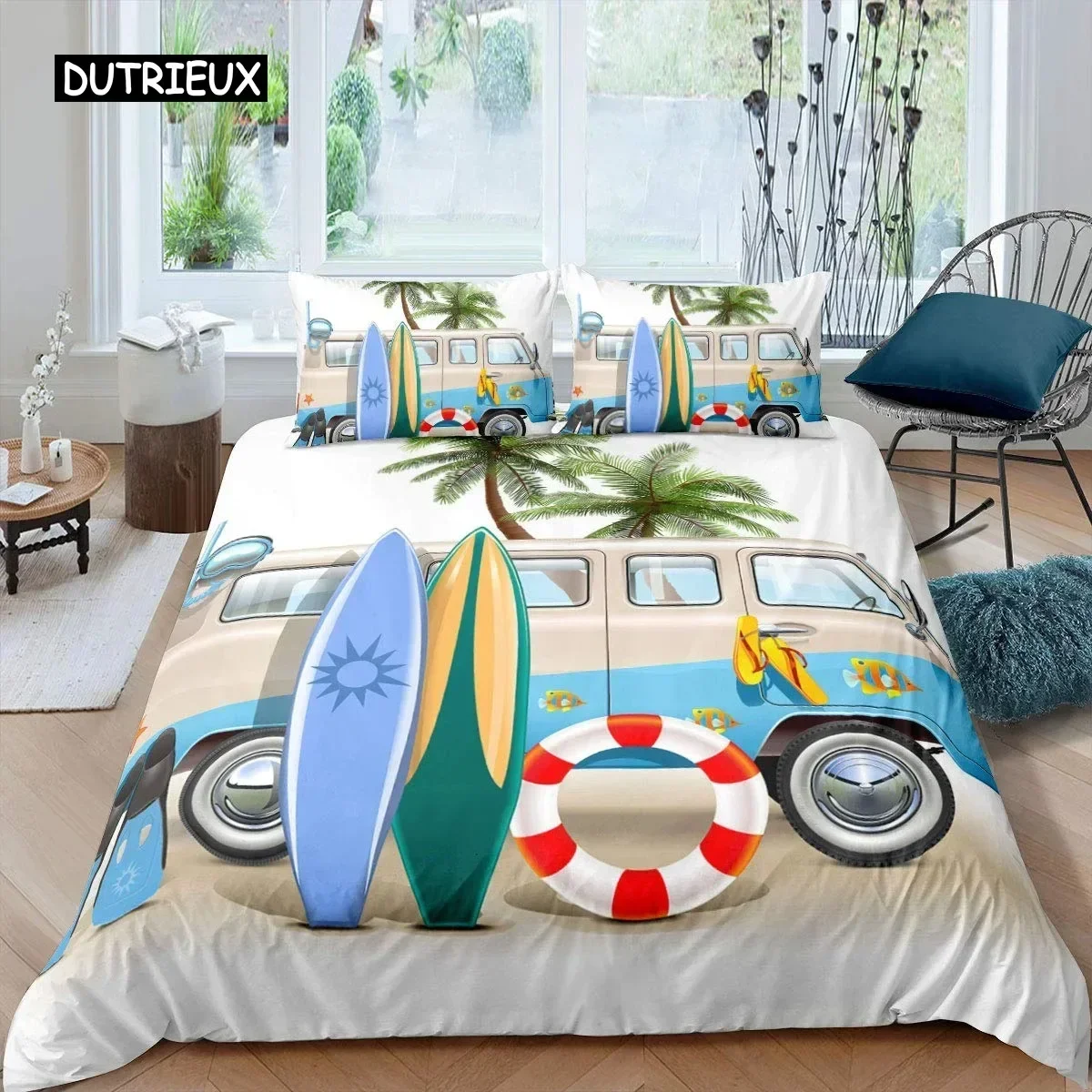 3D Print Surf Duvet Cover Set Beach Printed Hawaii Vacation Bedding Set For Adult Women Girl Tropical Botanical Quilt Cover