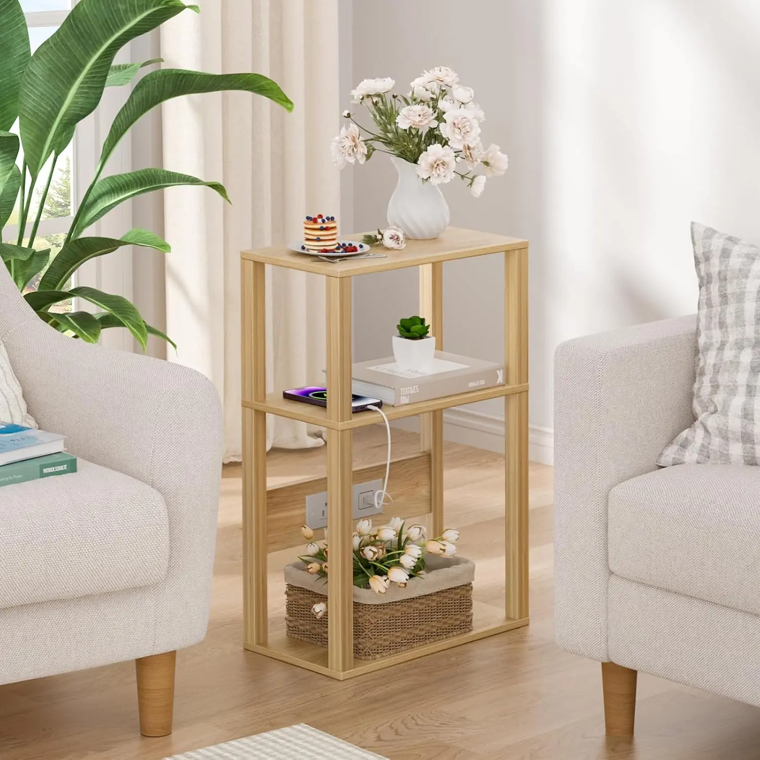 

3 Tier Small Narrow Bamboo Side Table Set of 2 with Charging Station - Skinny Nightstand for Small Spaces, Slim Bedside Table