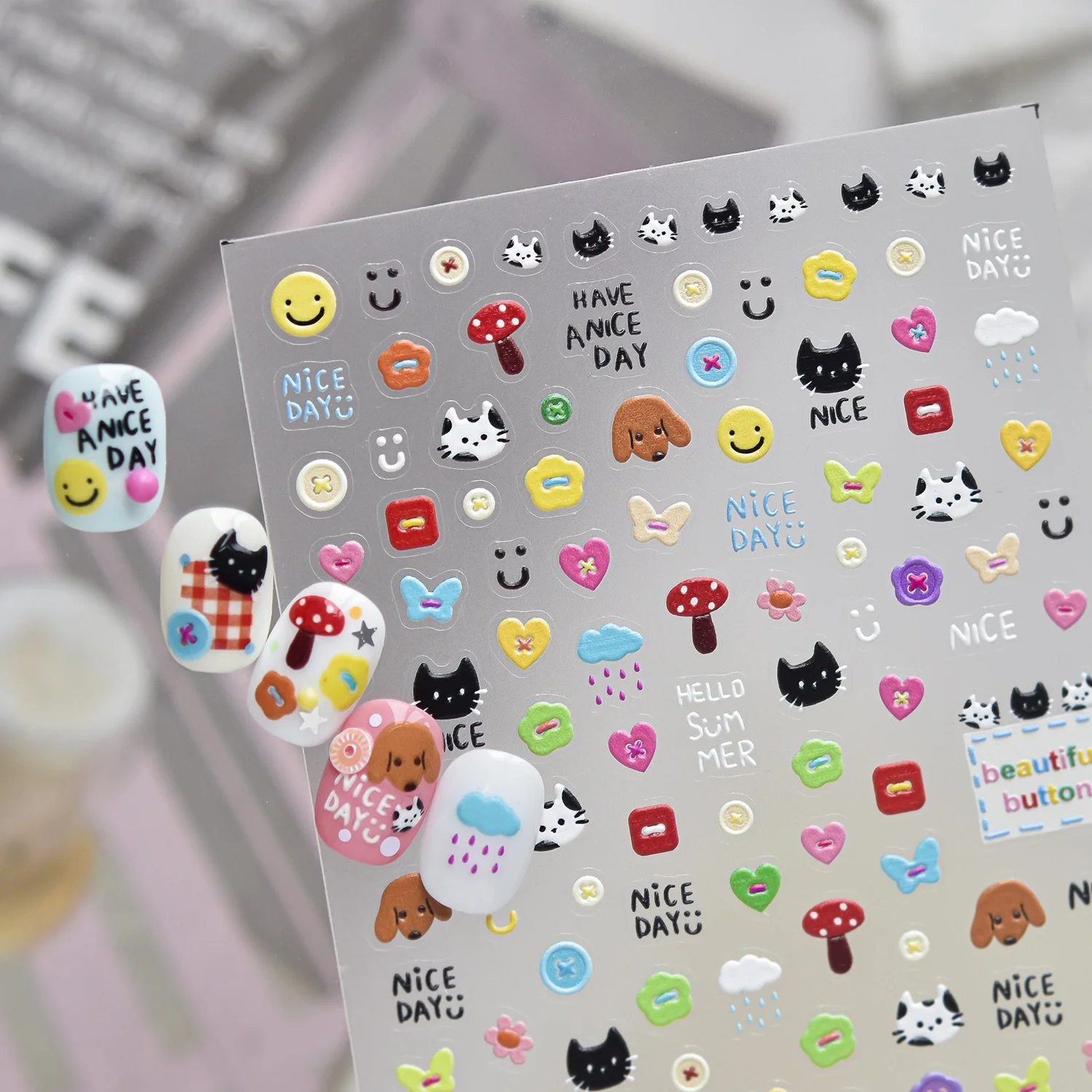 Autocollants 5D pour ongles motif chat noir, chiot, sourire, champignon, cœur, nœud, nuage, goutte de pluie – Décorations auto-adhésives pour manucure