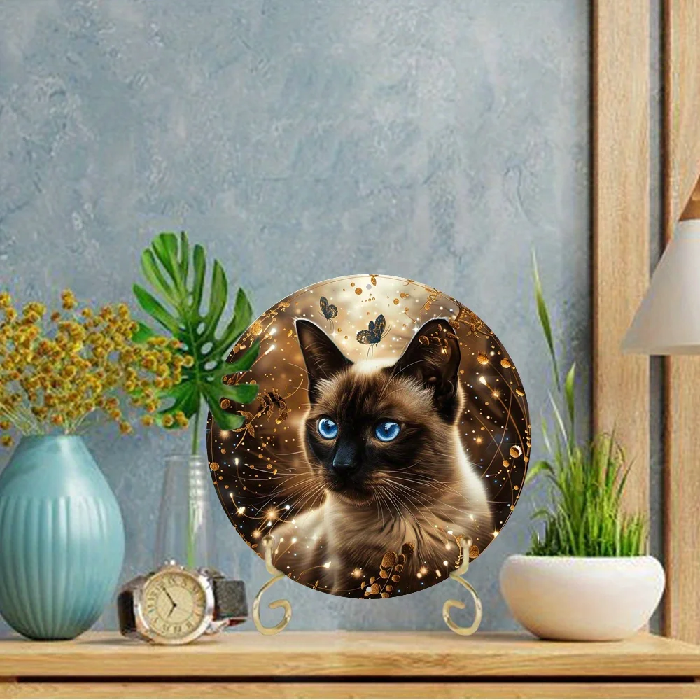 لوحة فنية جدارية من الألومنيوم على شكل قطة سيامية مقاس 8 × 8 بوصة - توجيه الصورة، ديكور مقاوم للطقس، مطبوع عالي الدقة، حفر مسبقًا، بدون ريش، El #6