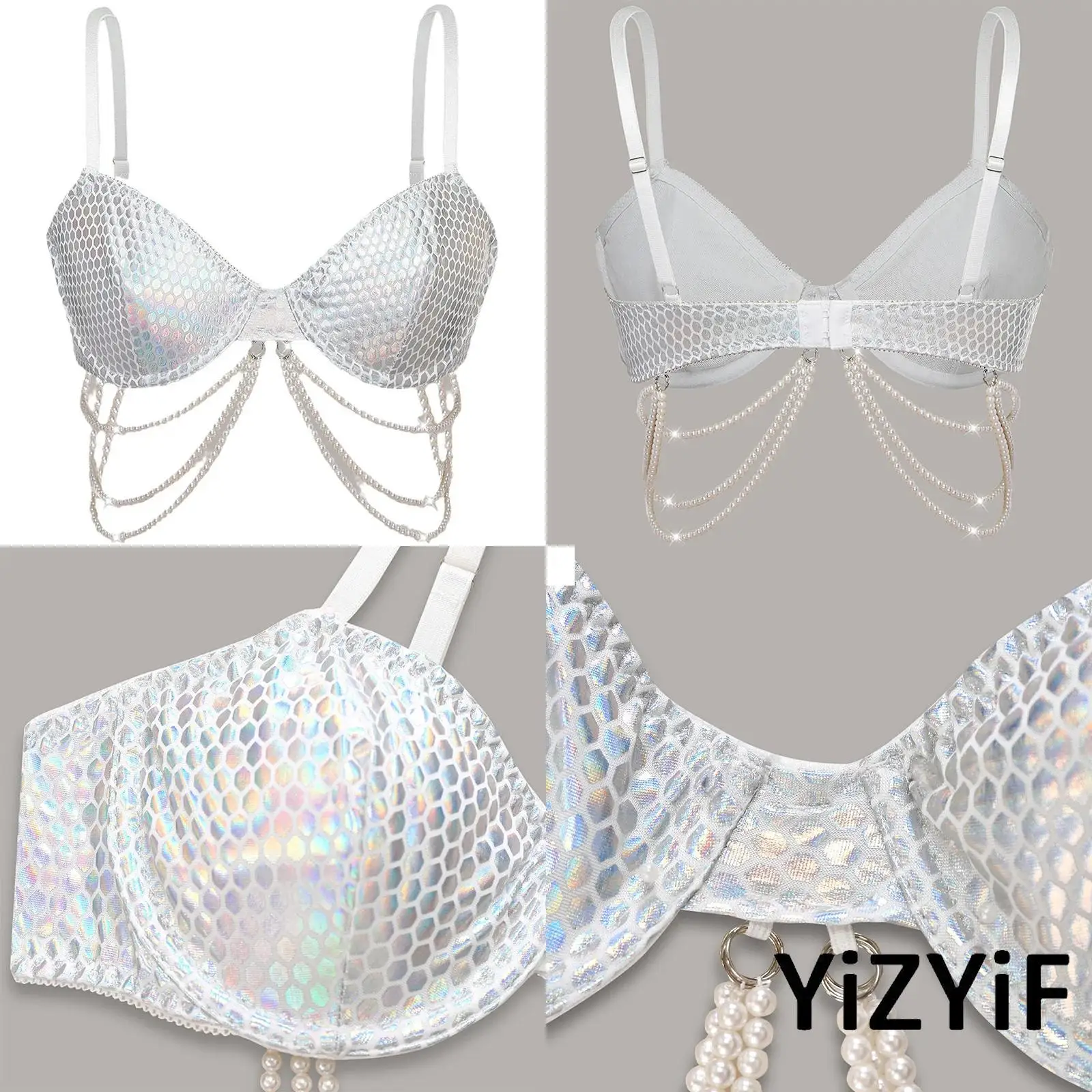 

Women Summer Hot Tassel Backless Bra Top Push Up Cup Faux Pearl Shiny Chain Vest for Beach Vacation Pool Party Travel Nightwear