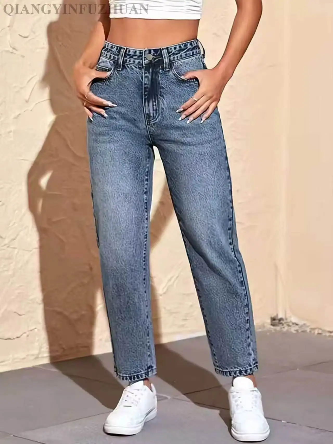 Classic Mid-Rise Cone-Shaped Jeans, Women's Medium Blue Jeans, Washed Denim Casual Pants, Comfortable and Versatile for Daily We