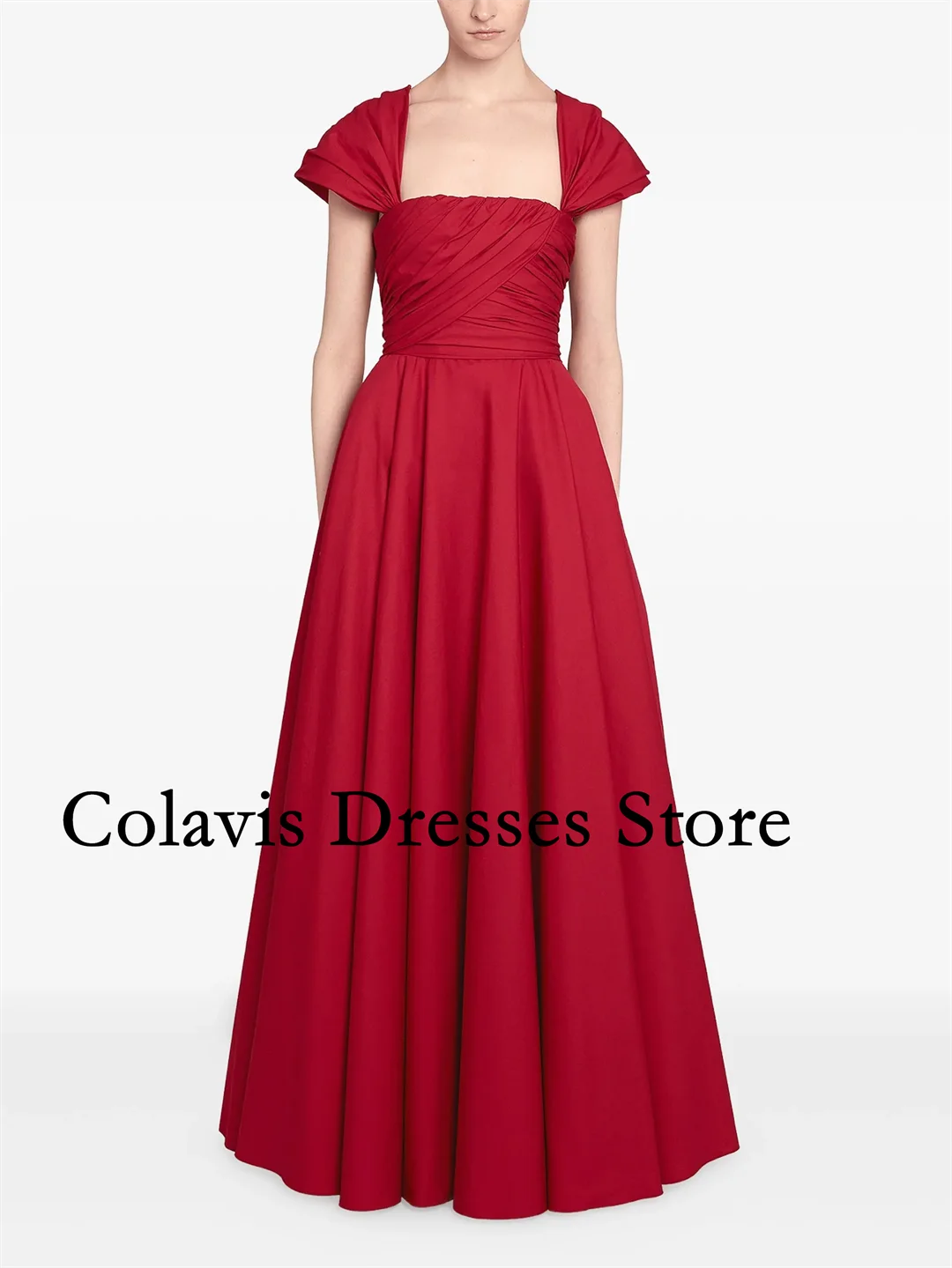 

2025 Customized Square Neck A-Line Red Satin Cap Sleeves Prom Dresses Evening Dress Women Evening Gowns Formal Party Dress