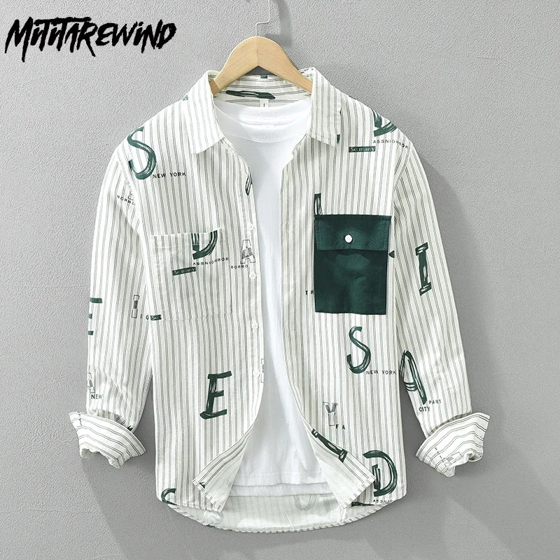 

Модные полосатые рубашки с буквенным принтом, мужская весенне-летняя уличная одежда, мужская лоскутная рубашка с карманами, топ из чистого хлопка, молодежные новые рубашки