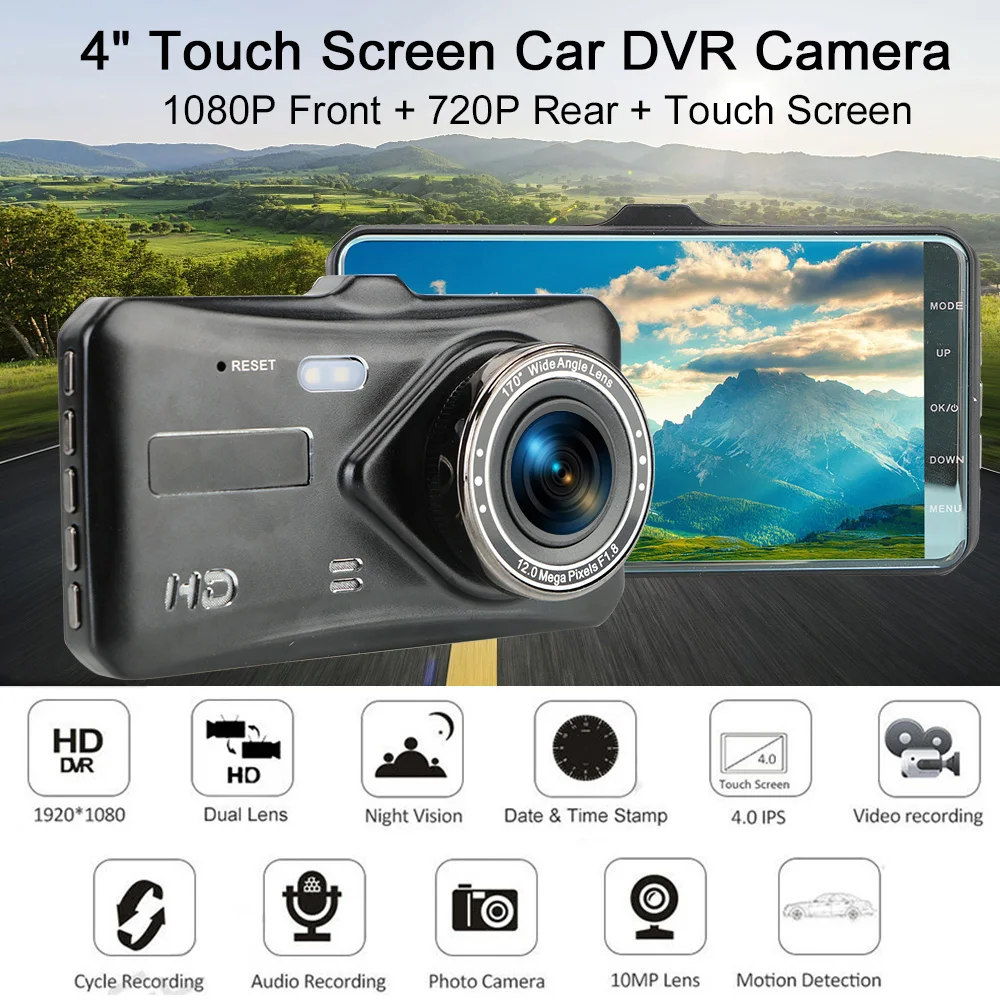 12V DVR Car Dash Cam Rear View Camera Dual Lens Video Recorder DashCam Touch Screen 4inch 1080P 32G Card Automotive Accessories