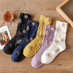 1Pair Fashion Elegant Harajuku Retro Woman Floral Socks Vintage Jacquard Korea Ethnic Cotton Casual Cute Girls Funny Brown Sox