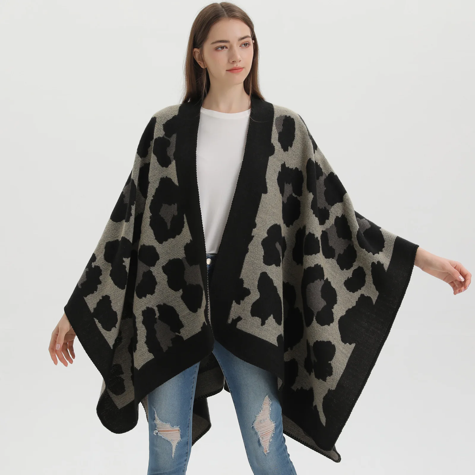 Women's Leopard Pattern Large Shawl New Brand Imitation Cashmere Split Cloak Lady Poncho Autumn and Winter Capes Blue 111
