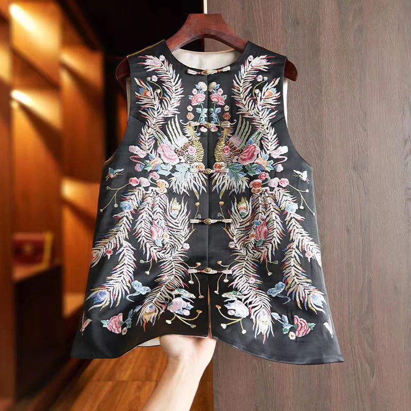 Spring New O-Neck Vintage Handmade Button Acetate Fabric Palace Embroidery Phoenix Noble and Elegant Vested Woman S-XL