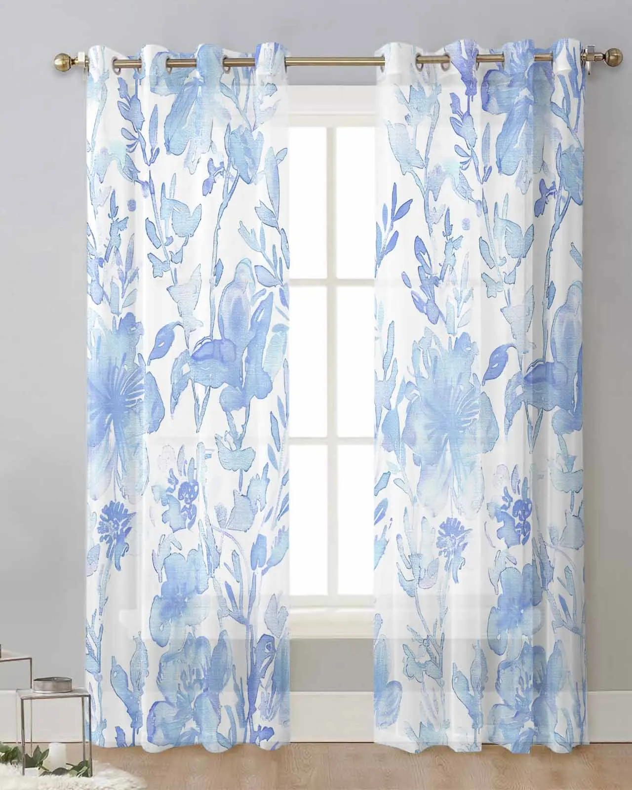 

Abstract Watercolor Flowers And Plants Voile Curtain Window Treatment Drapes Tulle Curtains for Living Room Sheer Curtains