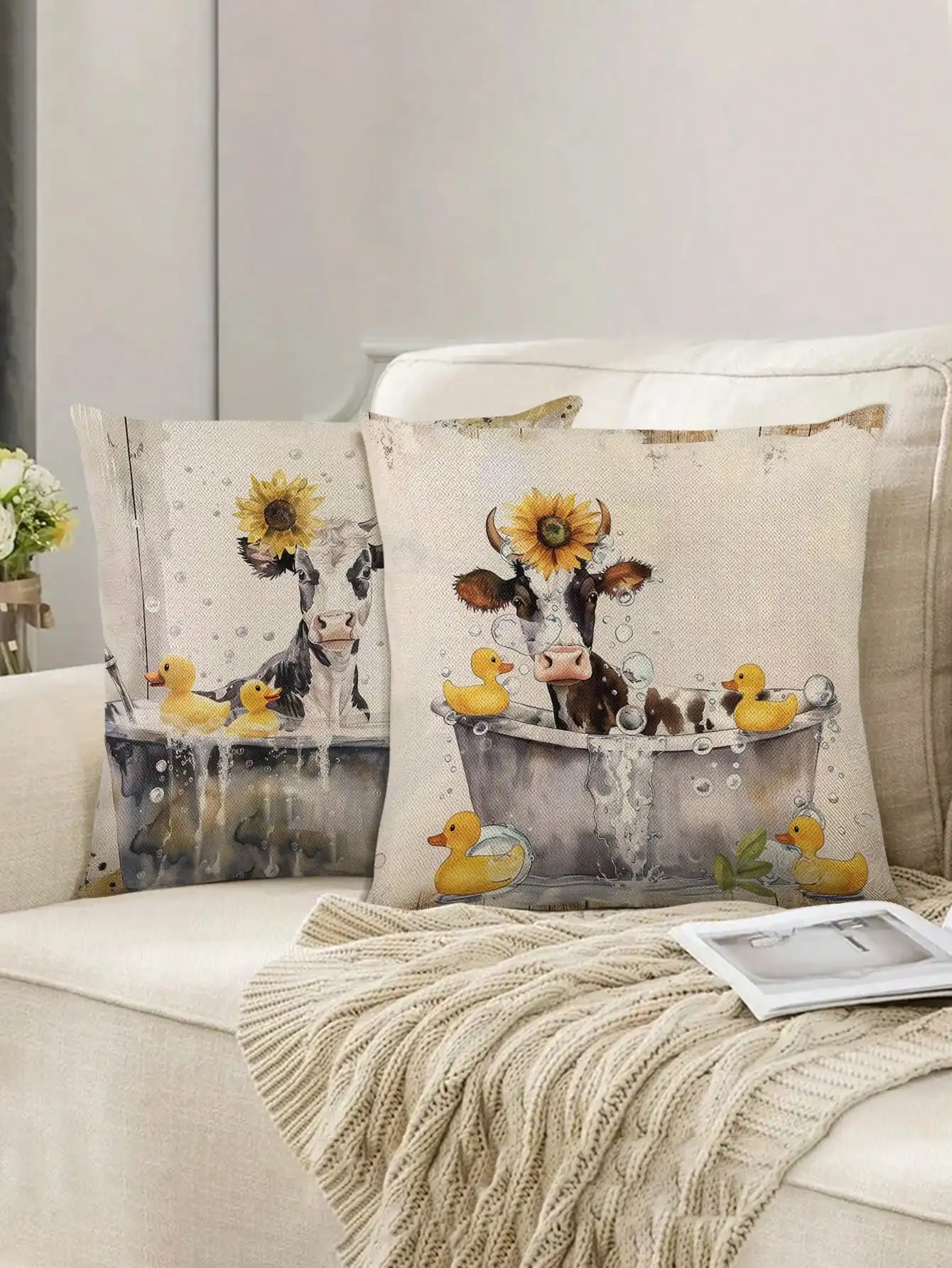 Modern Square Baby Cow Printed Linen Throw Pillow Covers,Soft & Comfortable Home Decor Cushion Covers Pillow Insert Not Included