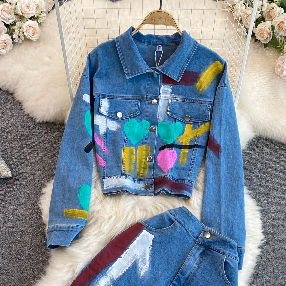 Amolapha Women Denim Clothing Suit Vintage Graffiti Jeans Jackets Coats+High Waist Split Midi Skirts Female 2pcs Sets