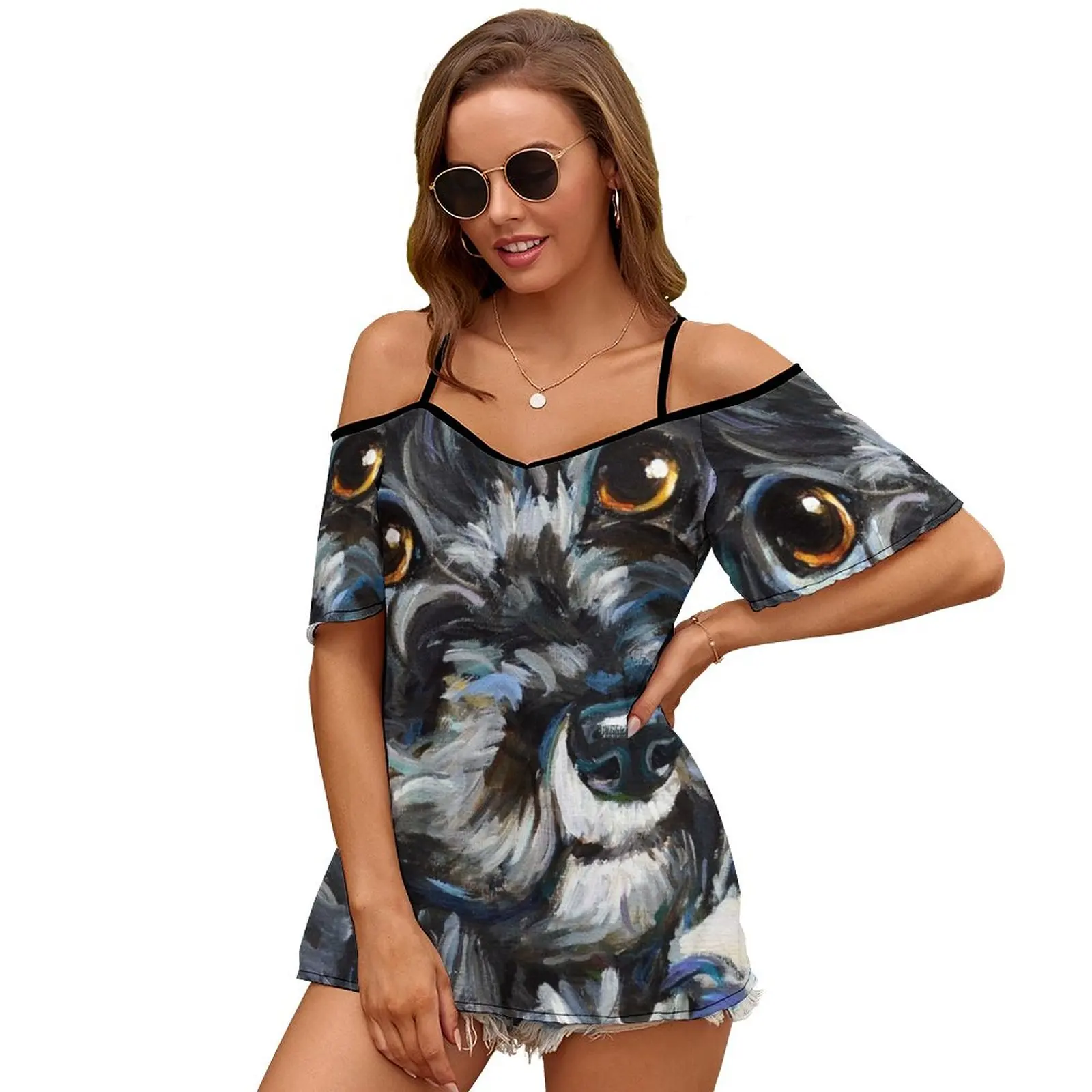 Cute And Cozy Schnoodle By Robert Phelps Women Zipper Various styles Printed T Shirts Tops Full Print T-Shirt Schnoodle Schnoodl