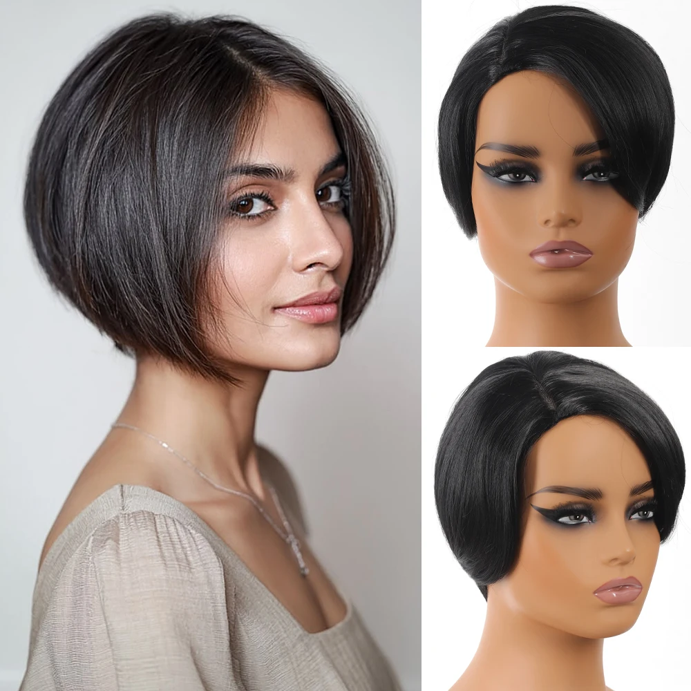 Perruque bob synthétique noire élégante de 4 pouces pour femme, cheveux courts raides avec raie centrale, style féminin tendance. ﻿