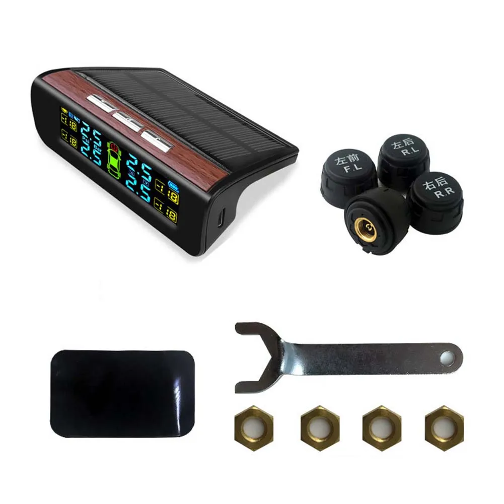 

Car Tire Pressure Monitoring System LCD Screen Solar Wireless Built-In TPMS + 4 Tire Pressure Sensors Cover Accessories