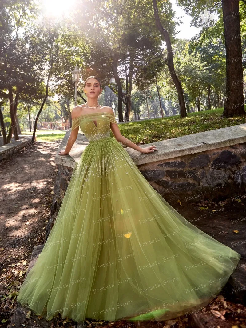 Vestido de noche verde sin hombros para mujer, ropa elegante de lujo con cuentas de cristales, longitud hasta el suelo, Tallas grandes