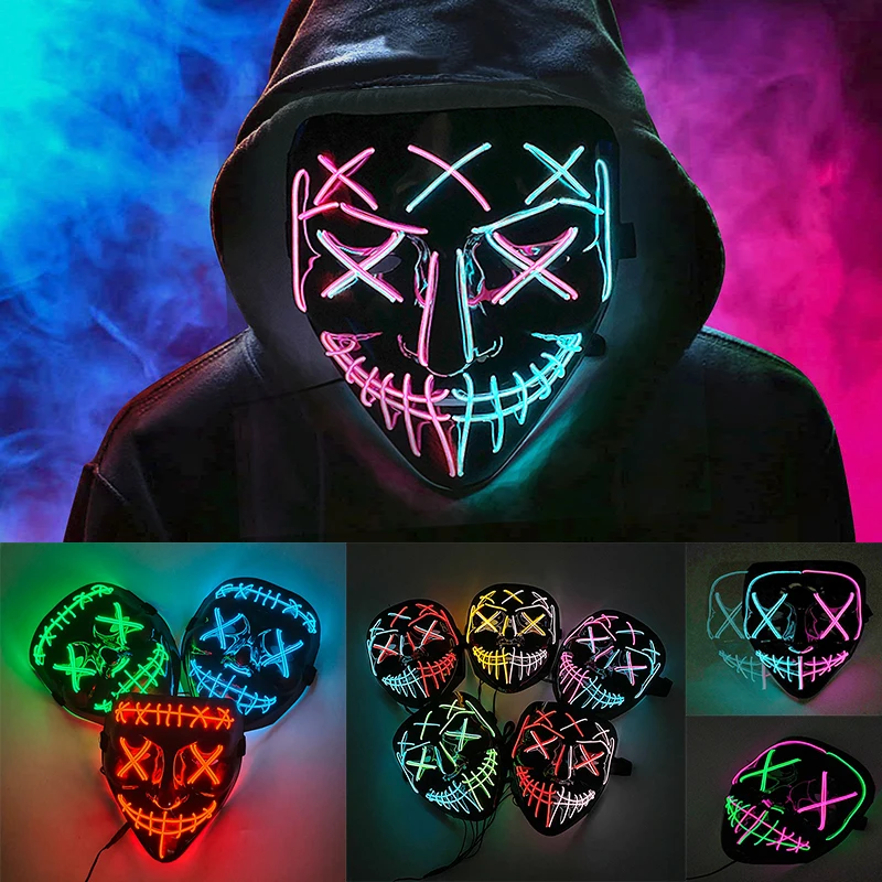 Máscara de neón de alambre EL brillante para Cosplay, Calavera aterradora, mascarada luminosa, suministros de fiesta festiva de carnaval, máscara de purga LED para Halloween