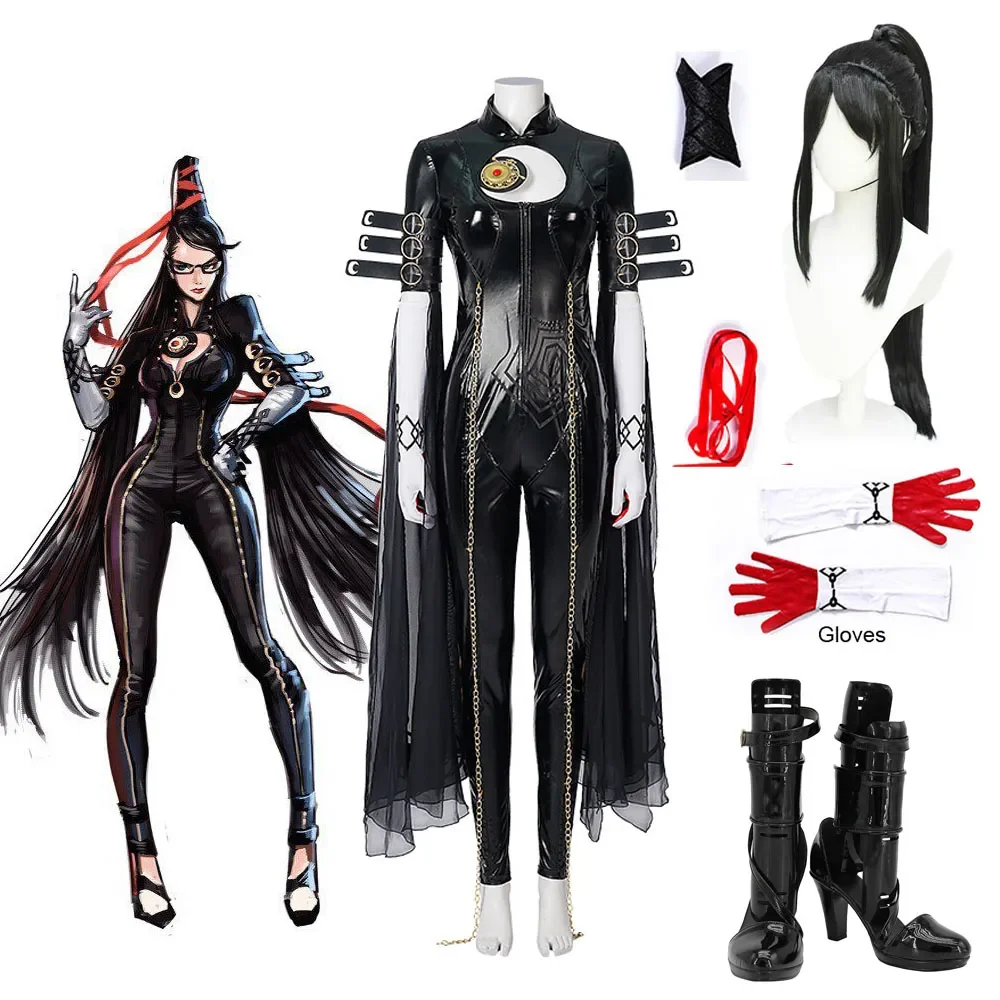 

Game Bayonetta Cosplay Costume Wig Shoes Black PU Jumpsuit Adult Lady Like Woman Outfits Halloween Carnival Party Suit For Girls