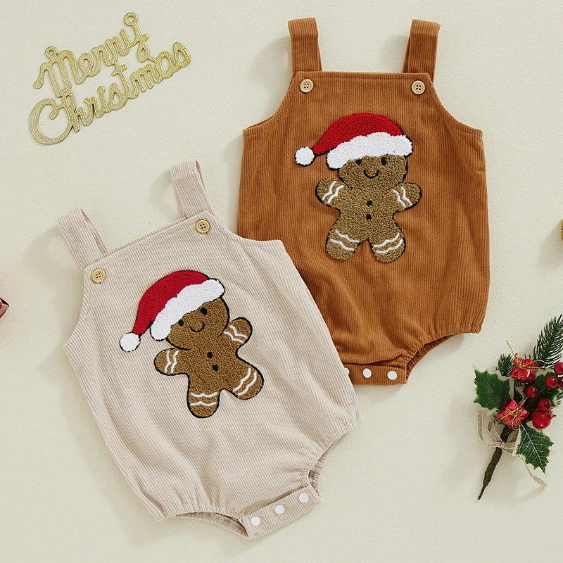 

Suefunskry Lovely Baby Christmas Overalls Romper Christmas Hat Embroidery Square Neck Sleeveless Corduroy Suspender Jumpsuit