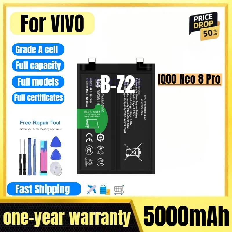 B-Z2 for VIVO IQOO Neo 8 Pro Mobile Phone Battery 0 Cycle High Quality High Capacity Replacement Bateria Grade A Cell with Tools