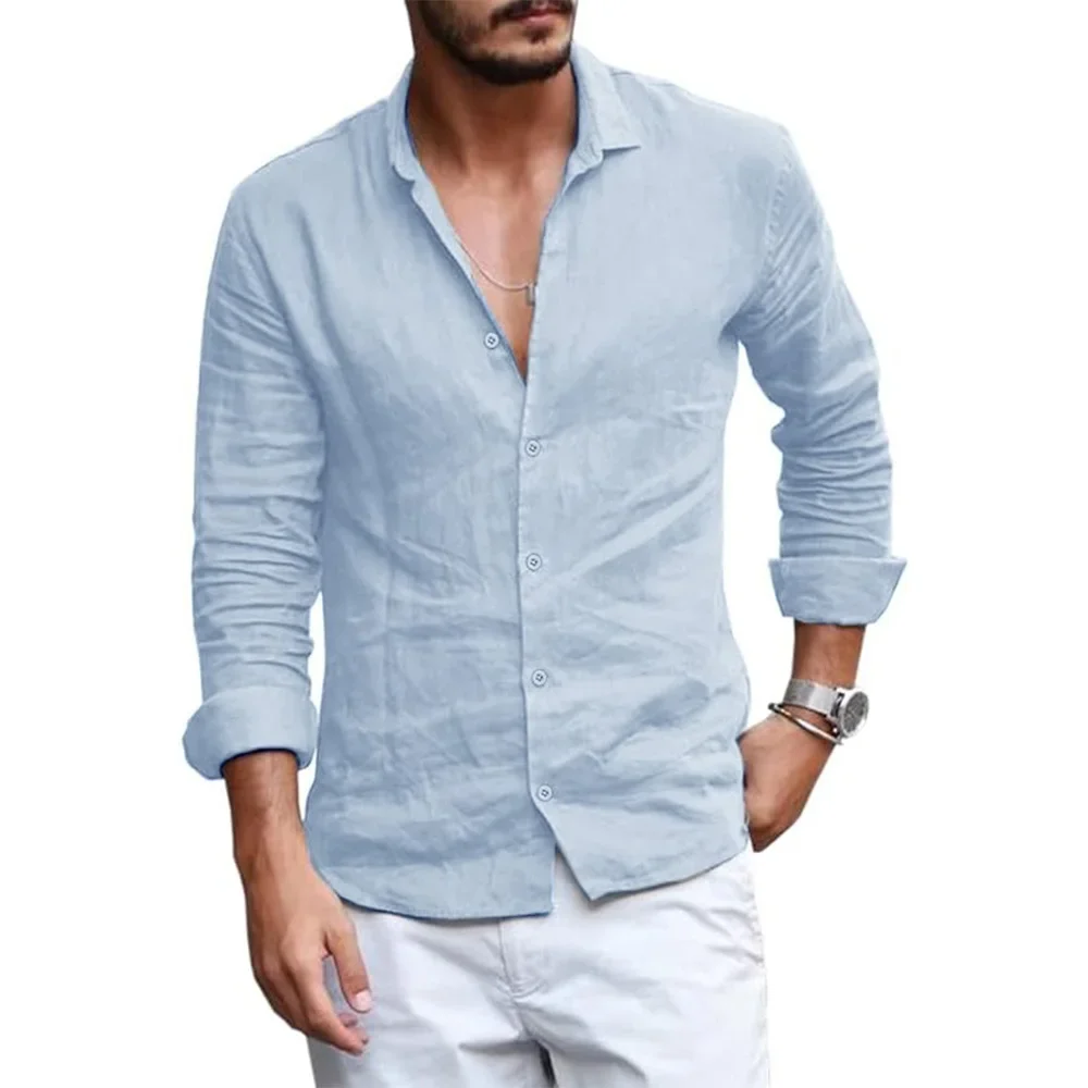 Summer Lightweight Breathable Men Shirt Long Sleeved Cotton and Linen Shirts Men Cardigan Tops Lapel Collar Men Beach Clothing