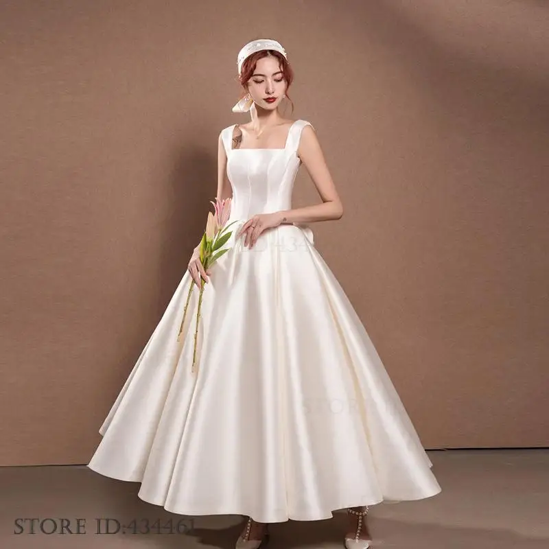 

Women's Sexy Evening Party Dress Elegant White Satin Bride Wedding Dress Sexy Backless Big Bow Female Vestidos Robe De Soiree
