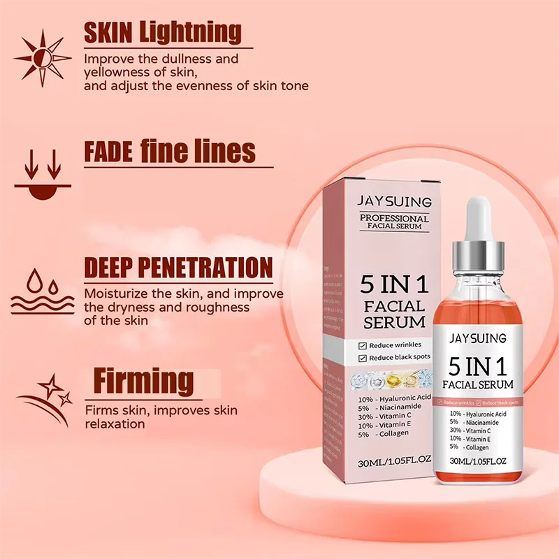 Facial Essence 5 In 1 Vitamin C Hyaluronic Acid Lighten Fine Lines Firming Face Moisturize Brighten Pore Narrow Skin Care Cream