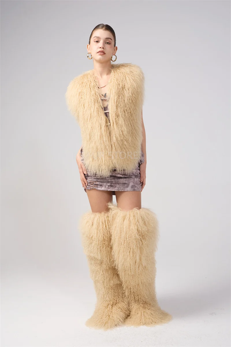 72cm Winter Long Mongolian Wool Snow Boots Real  Warm Plush Platform Knee-High Boot Outdoor Furry Cute Over-The-Knee Girls Boots