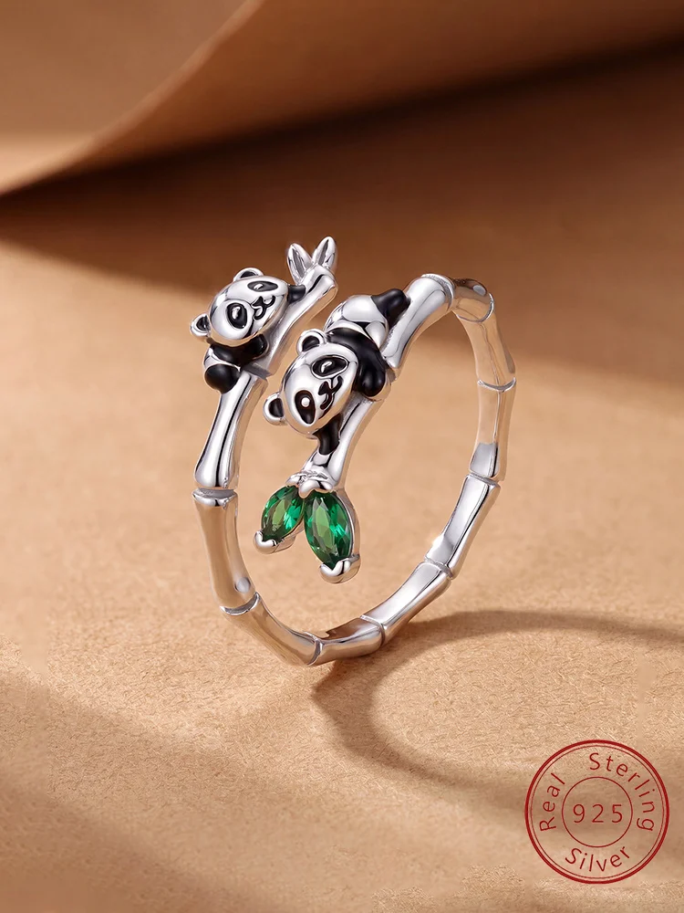

925 Sterling Silver Bamboo Cute Panda Adjustable Ring For Women Party Anniversary Daily Wear High Quality Fine Jewelry