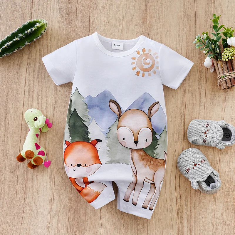 

Newborn Boys And Girls Cute Cartoon Animals Accompanied By Foxes And Deer White Spring And Summer Short Sleeved Baby Jumpsuit