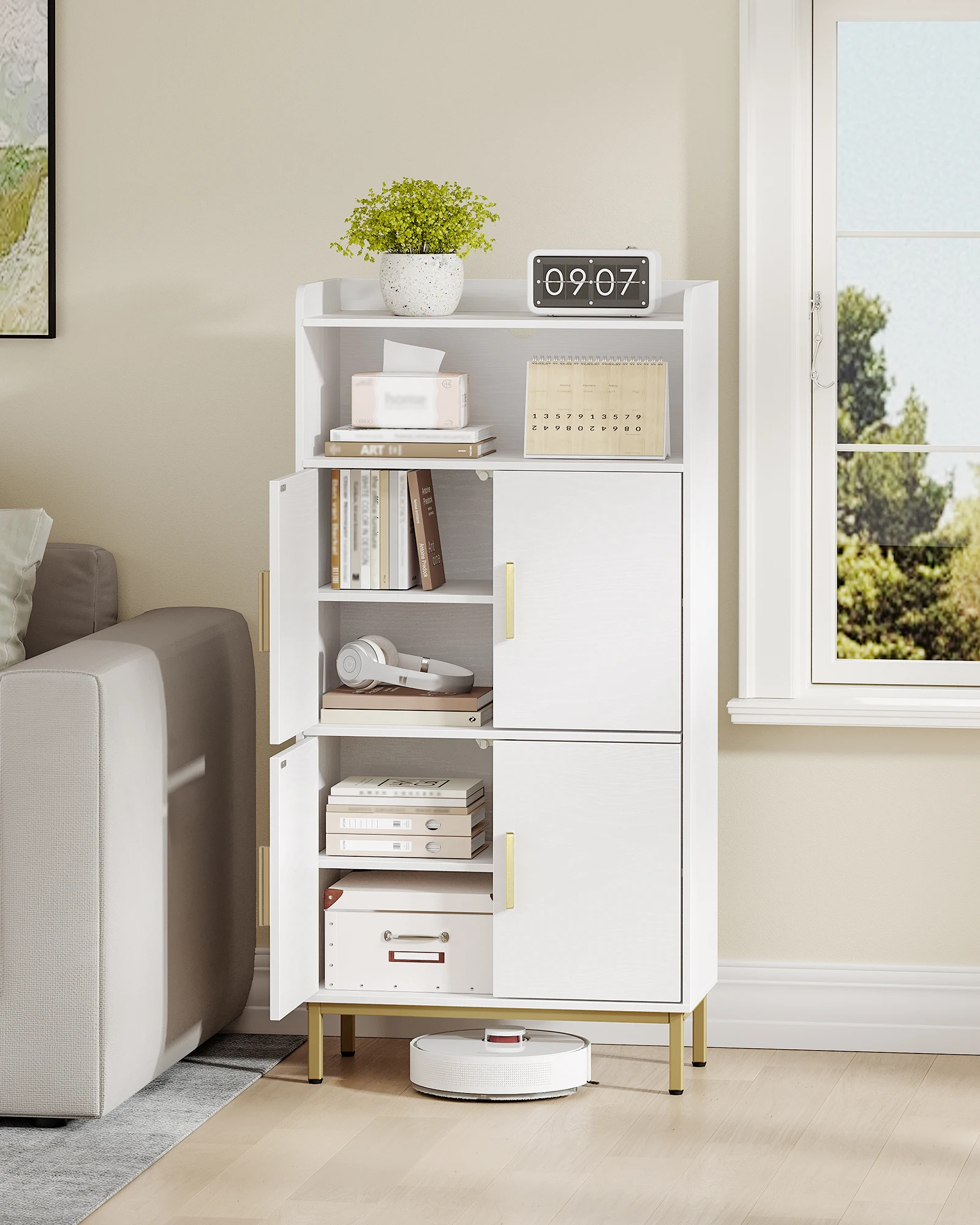 Hzuaneri Armoire de salle de bain, armoire de rangement, 2 portes d'armoire et 1 section ouverte, étagères réglables, salle de bain, salon, blanc