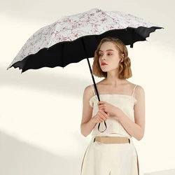 1Pc Sunny Rain Umbrella Umbrella Ladies Sunscreen Black Rubber Sunshade Hibiscus Flower Triple Folding Umbrella