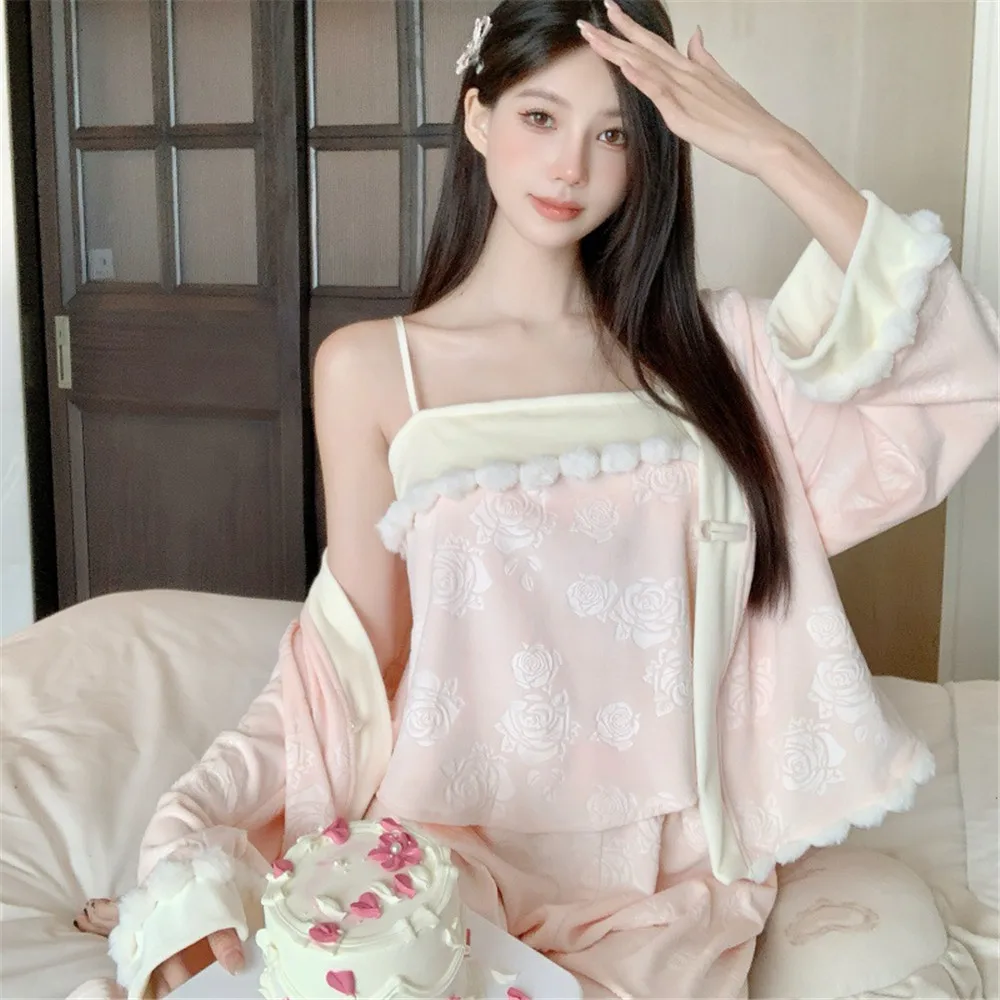 

Autumn Chinese Style Velvet 3PCS Pajamas Set Sleepwear Casual V-Neck Shirt Sling Pants Velour Home Clothes Loungewear