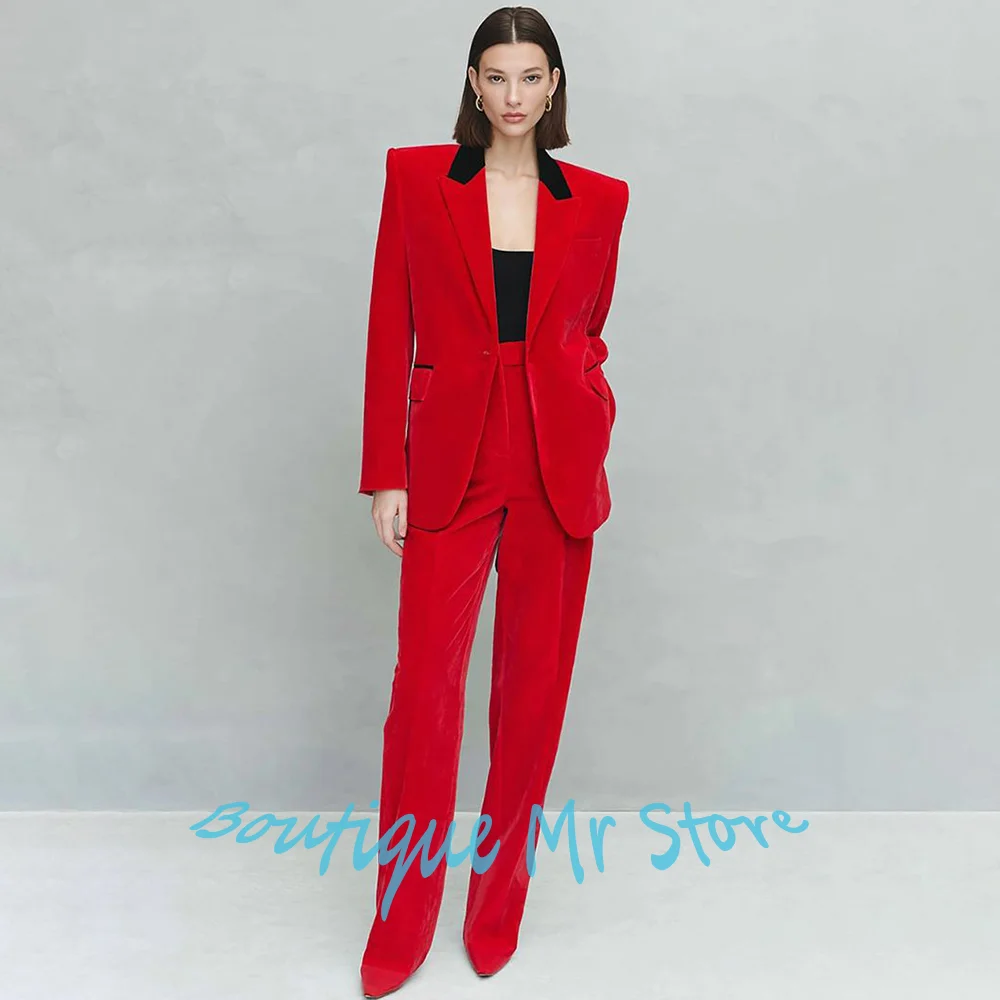 Gorgeous Women's Red Velvet Suit 2-Piece Jacket+Pants Set with Black Lapel Detail Elegant Formal Outfit Evening Party Attire