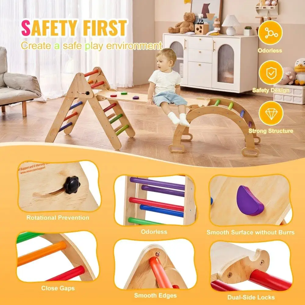 Conjunto de escalada triangular pikler de madeira 5 em 1, rampa de playground interno para crianças, arco montessori, academia para crianças de 1 a 3 anos, colorido