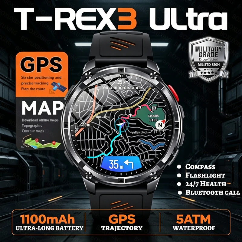 

2026 New Outdoor Military GPS Compass Smart Watch T-REX3 Built-in 1100mAh 5ATM Waterproof Bluetooth Call Men Sports Smartwatch