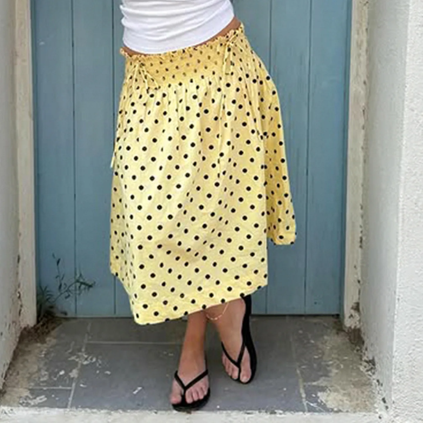 

Zeyla Women's French Polka Dot Skirt-Yellow Smocked Bow Tie Waist Two-way Wear Slim Fit Midi Skirt,Trendy Casual Daily Bottom