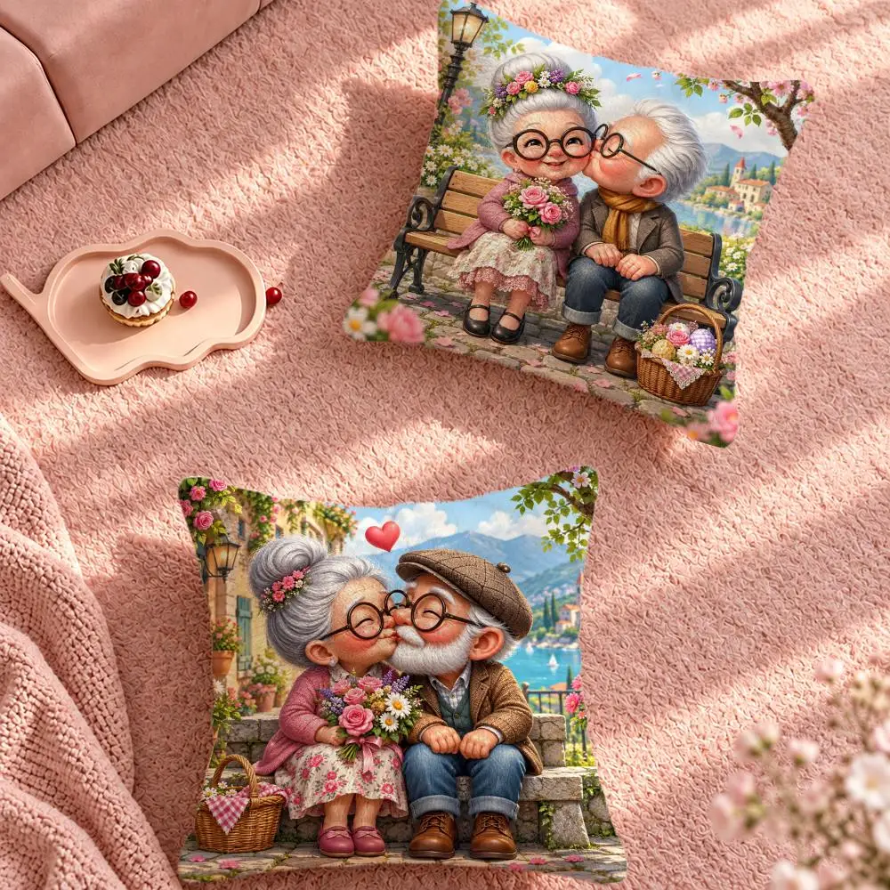 Art Cute Elderly Couple Cartoon Cushion Cover Cute Cartoon Throw Pillow Cover Soft Plush Cushion Cover Sofa Bedroom Home Decor