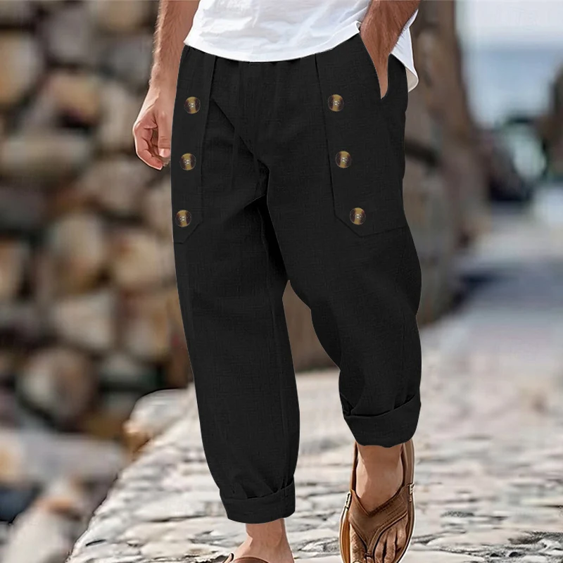 Autumn Fashion Loose Straight Cotton Pants Mens Vintage Drawstring Lace-up Buttoned Trousers For Men Beach Seaside Casual Pants