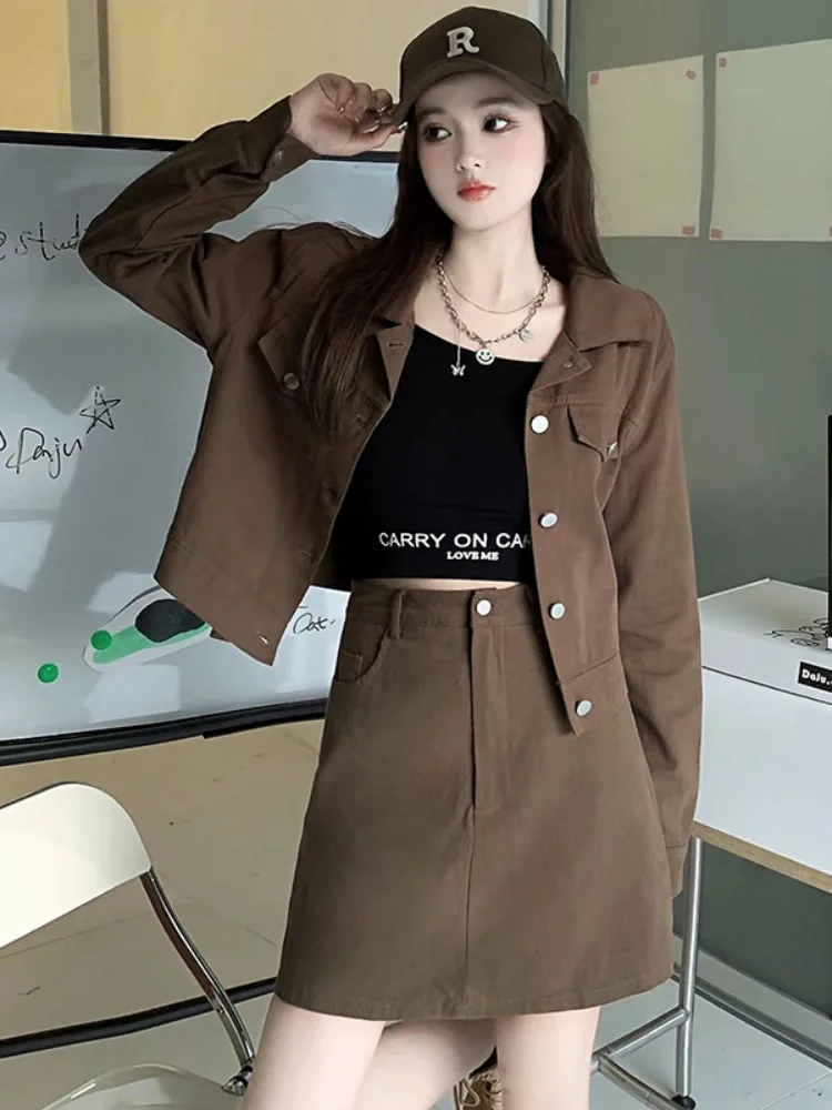 Autumn Loose Fashion Temperament Single-breasted Premium Shirt Coat Solid Color Simple A-Line Skirt Women Casual Two-Pieces Sets