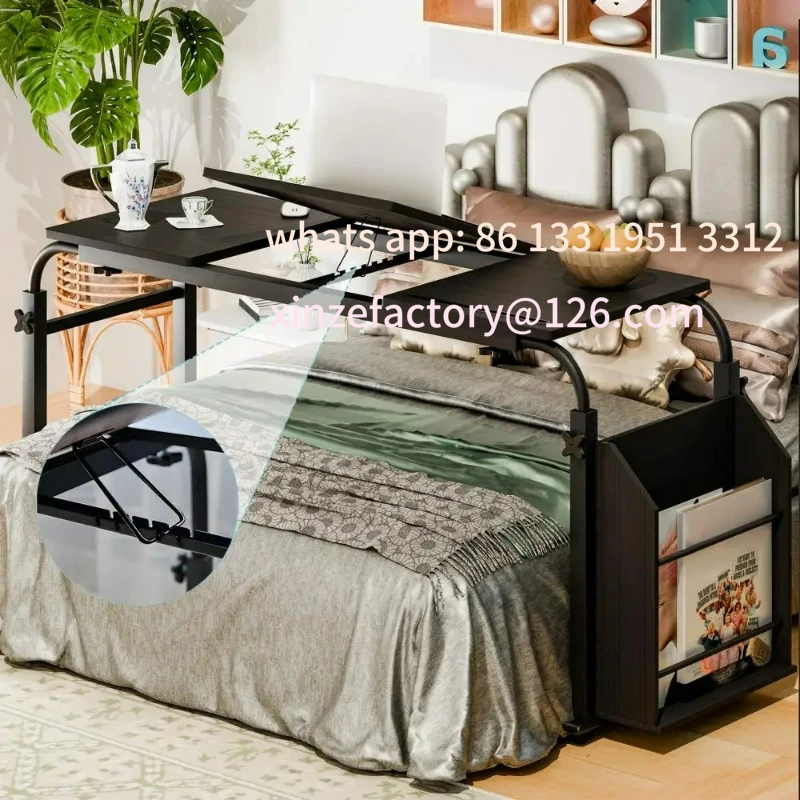 

Customizable 40cm Wide Desktop Over Bed Table with 360 Degree Wheels Adjustable Tilt Sofa Bed Table with Side Bookshelf