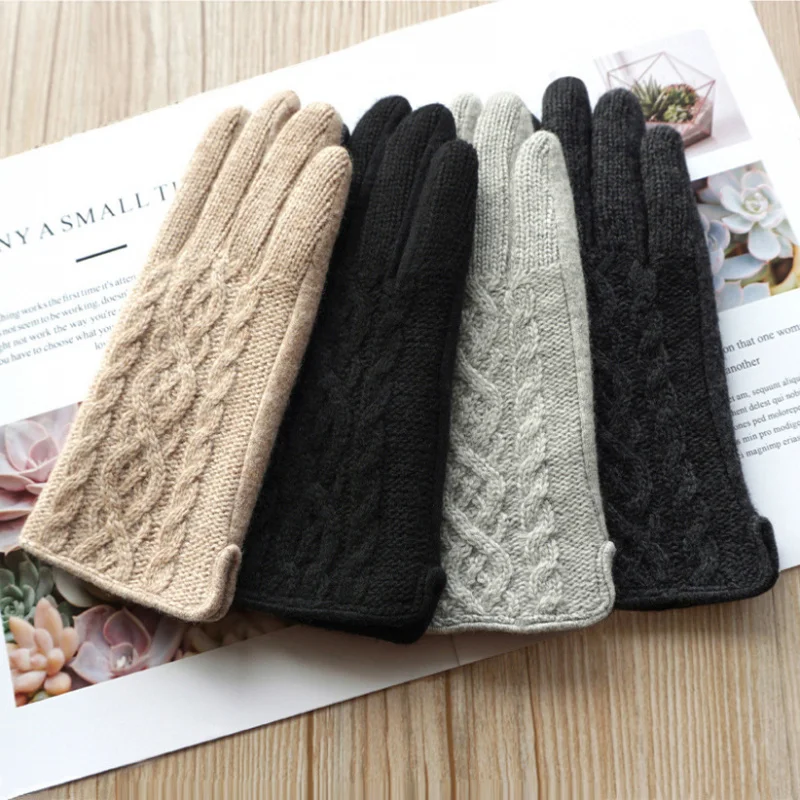 Autumn and Winter Women's Wool Wool Double Layer Fleece-lined Thickened Touch Screen Outdoor Cycling Warm Driving Gloves